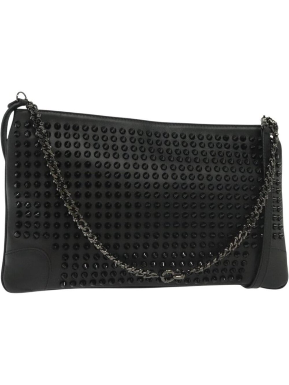 Christian Louboutin Studs Chain Shoulder Bag Leather Black Silver